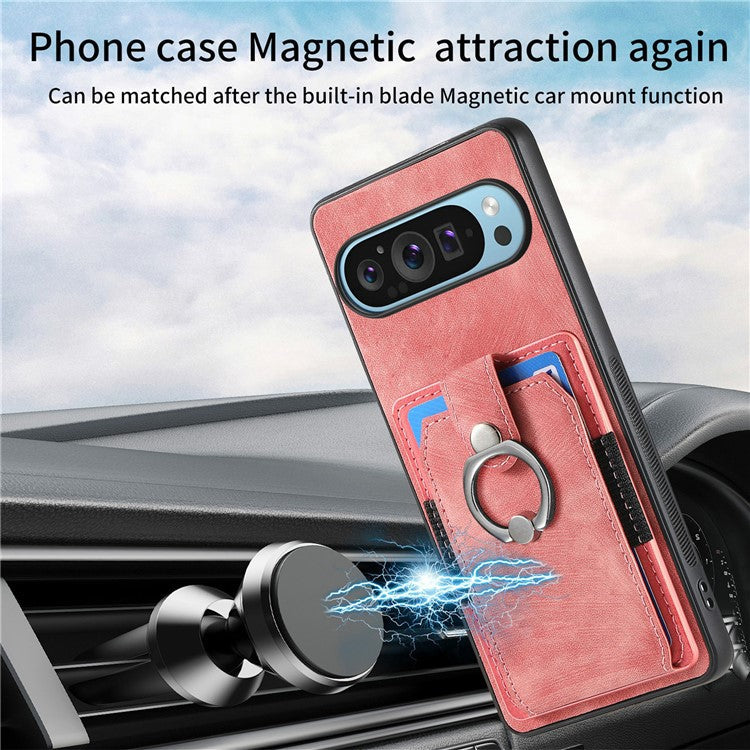 For Google Pixel 9 Pro XL Case Kickstand Leather+TPU Non-Slip Protective Cover Card Slots - Pink