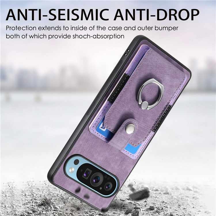 For Google Pixel 9 Pro XL Case Kickstand Leather+TPU Non-Slip Protective Cover Card Slots - Purple