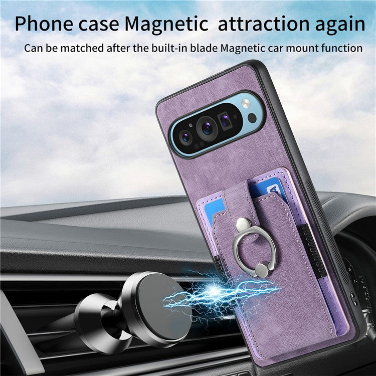 For Google Pixel 9 Pro XL Case Kickstand Leather+TPU Non-Slip Protective Cover Card Slots - Purple