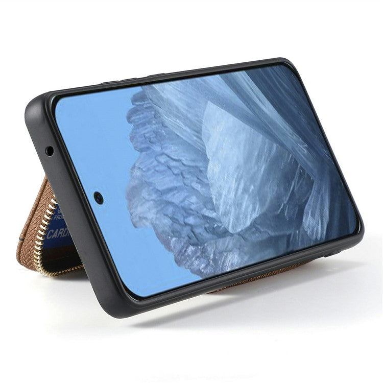 For Google Pixel 9 Pro XL Case Zipper Card Holder PU Leather Phone Back Cover with Long Strap - Brown