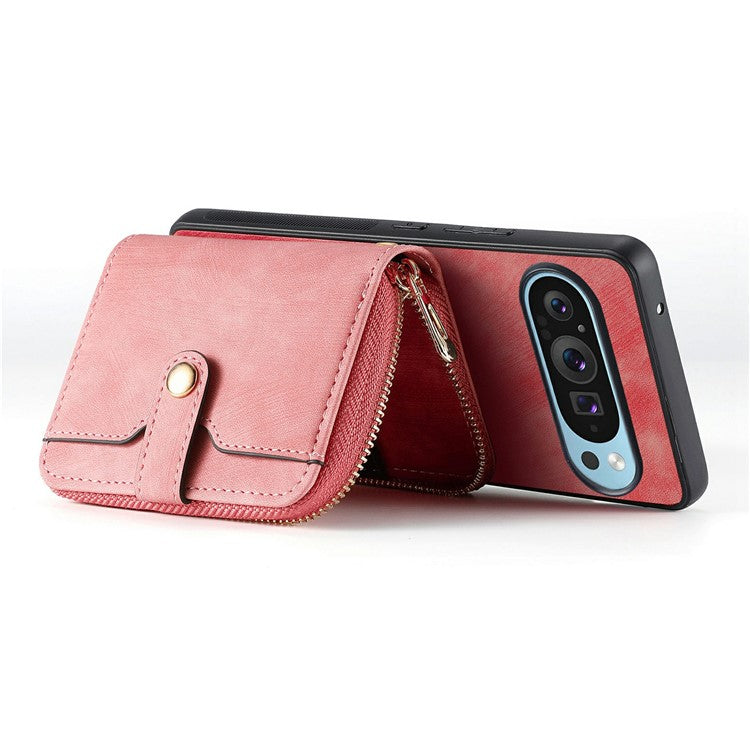 For Google Pixel 9 Pro XL Case Zipper Card Holder PU Leather Phone Back Cover with Long Strap - Pink