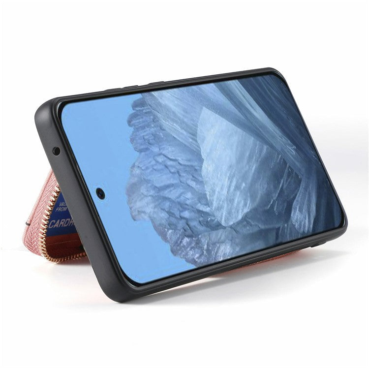 For Google Pixel 9 Pro XL Case Zipper Card Holder PU Leather Phone Back Cover with Long Strap - Pink