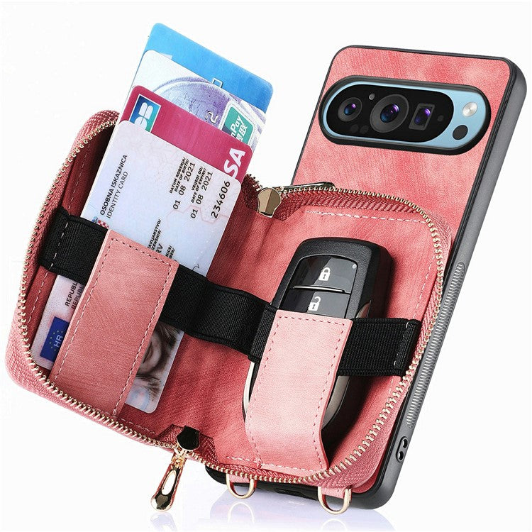 For Google Pixel 9 Pro XL Case Zipper Card Holder PU Leather Phone Back Cover with Long Strap - Pink