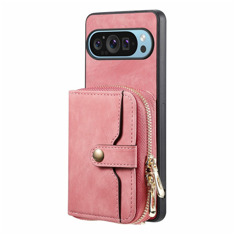 For Google Pixel 9 Pro XL Case Zipper Card Holder PU Leather Phone Back Cover with Long Strap - Pink