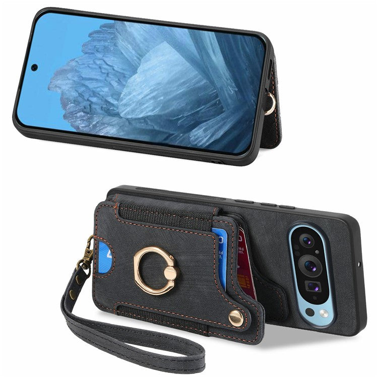 For Google Pixel 9 Pro XL Case RFID Blocking Handbag Leather+TPU Phone Cover Card Slots, Ring Holder - Black