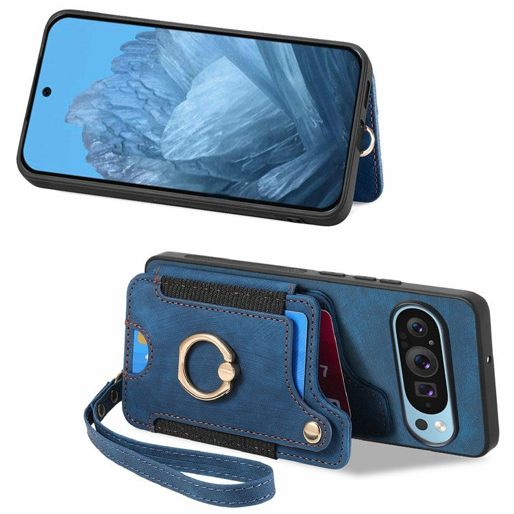 For Google Pixel 9 Pro XL Case RFID Blocking Handbag Leather+TPU Phone Cover Card Slots, Ring Holder - Blue