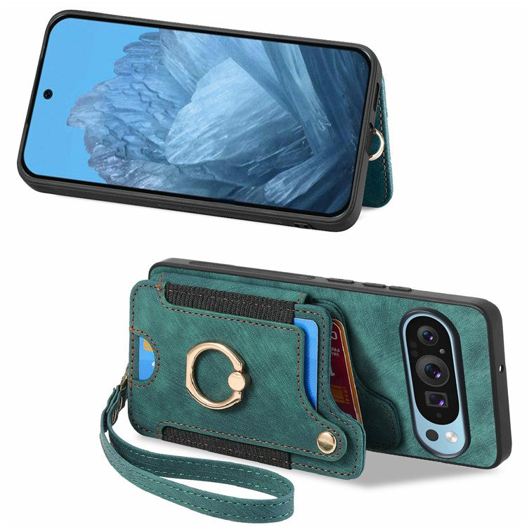For Google Pixel 9 Pro XL Case RFID Blocking Handbag Leather+TPU Phone Cover Card Slots, Ring Holder - Green