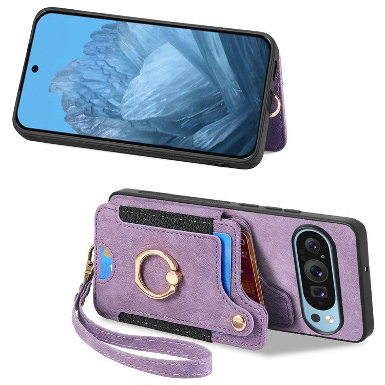 For Google Pixel 9 Pro XL Case RFID Blocking Handbag Leather+TPU Phone Cover Card Slots, Ring Holder - Purple