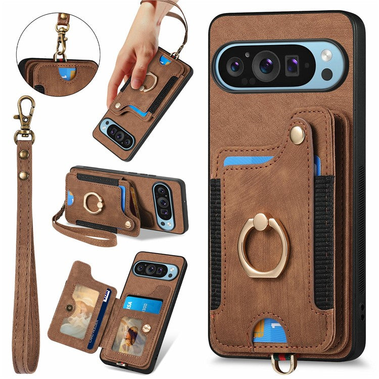 For Google Pixel 9 Pro XL Case RFID Blocking Handbag Leather+TPU Phone Cover Card Slots, Ring Holder - Brown