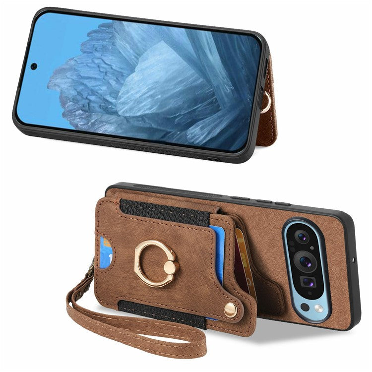 For Google Pixel 9 Pro XL Case RFID Blocking Handbag Leather+TPU Phone Cover Card Slots, Ring Holder - Brown