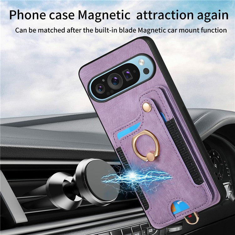 For Google Pixel 9 Pro XL Case RFID Blocking Handbag Leather+TPU Phone Cover Card Slots, Ring Holder - Brown