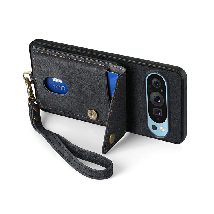 For Google Pixel 9 Pro XL Case with Card Slot Kickstand Leather TPU Phone Cover - Black