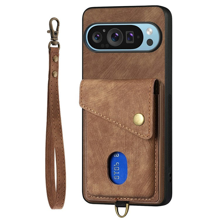 For Google Pixel 9 Pro XL Case with Card Slot Kickstand Leather TPU Phone Cover - Brown