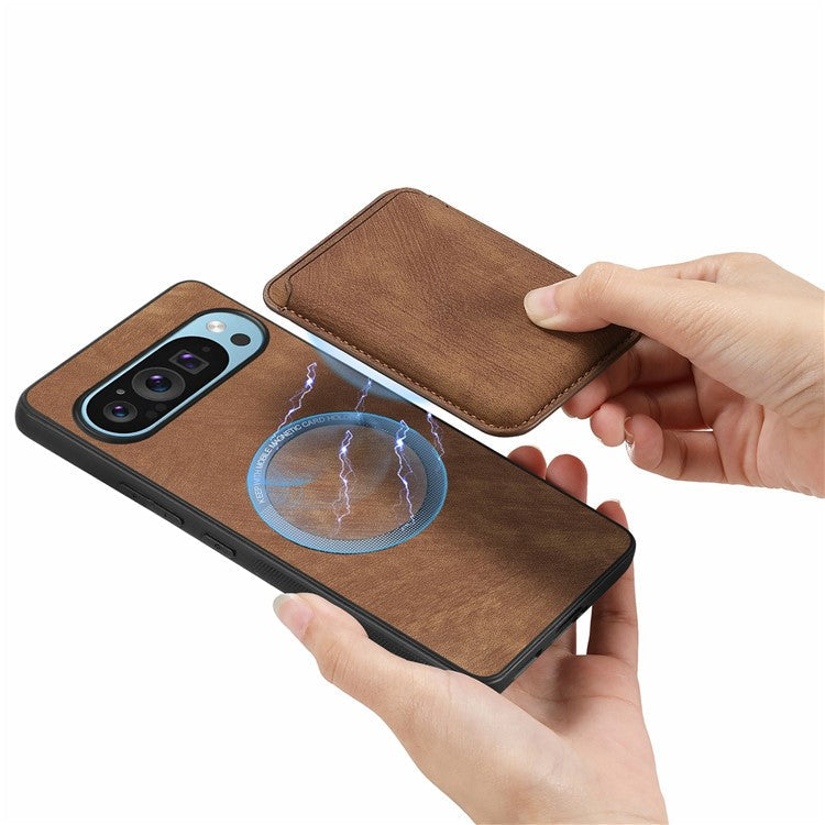 For Google Pixel 9 Pro XL Case Leather+TPU Retro Phone Cover with Detachable Card Slot - Brown