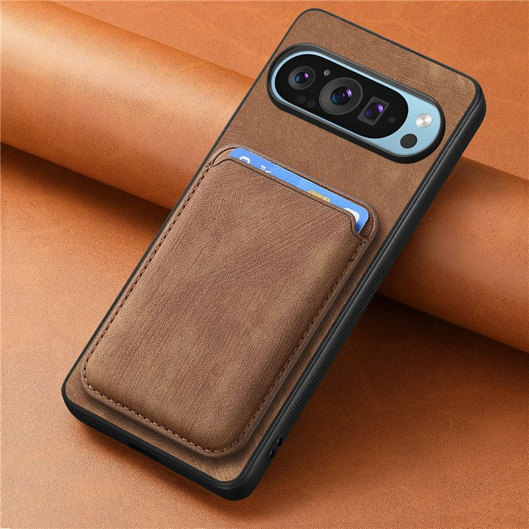 For Google Pixel 9 Pro XL Case Leather+TPU Retro Phone Cover with Detachable Card Slot - Brown