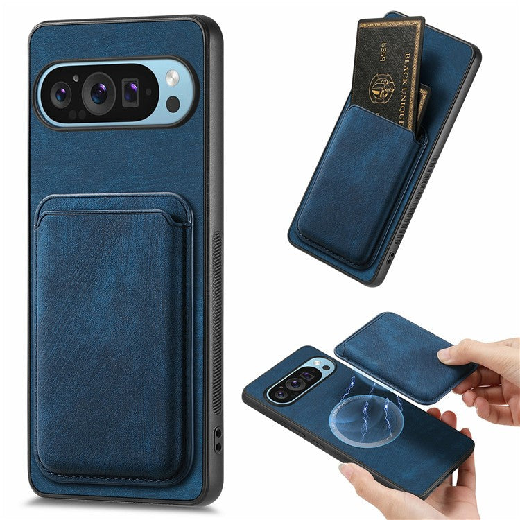 For Google Pixel 9 Pro XL Case Leather+TPU Retro Phone Cover with Detachable Card Slot - Blue