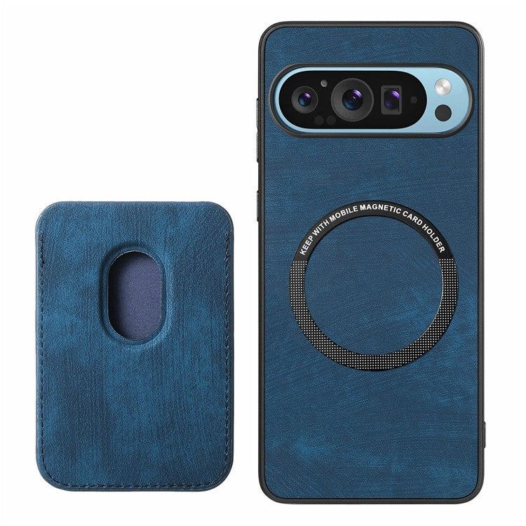 For Google Pixel 9 Pro XL Case Leather+TPU Retro Phone Cover with Detachable Card Slot - Blue