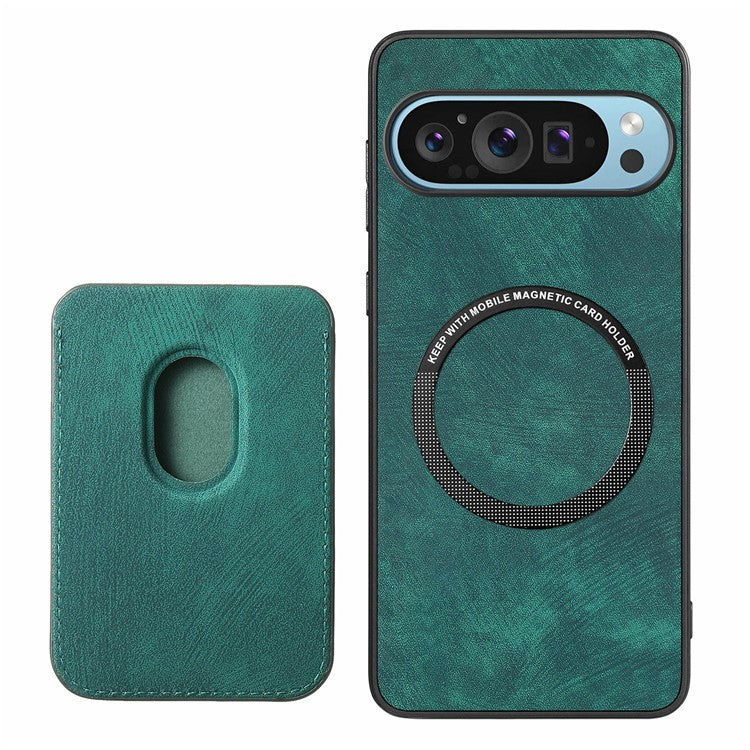 For Google Pixel 9 Pro XL Case Leather+TPU Retro Phone Cover with Detachable Card Slot - Green