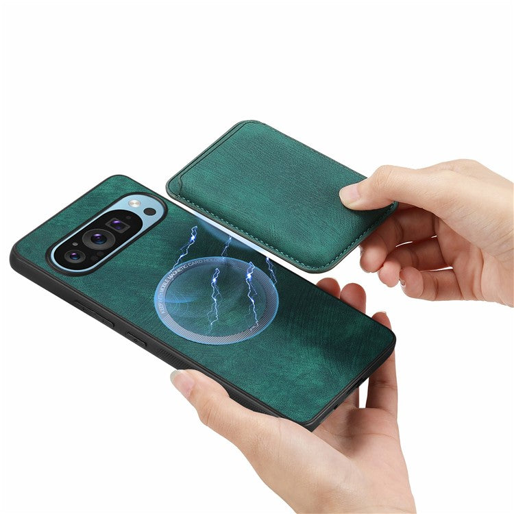 For Google Pixel 9 Pro XL Case Leather+TPU Retro Phone Cover with Detachable Card Slot - Green