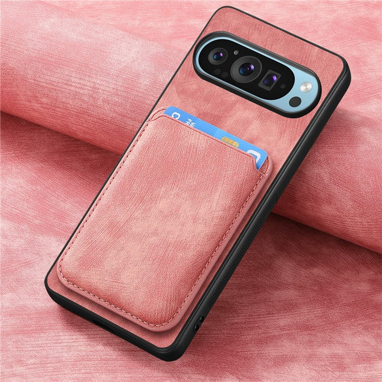 For Google Pixel 9 Pro XL Case Leather+TPU Retro Phone Cover with Detachable Card Slot - Pink