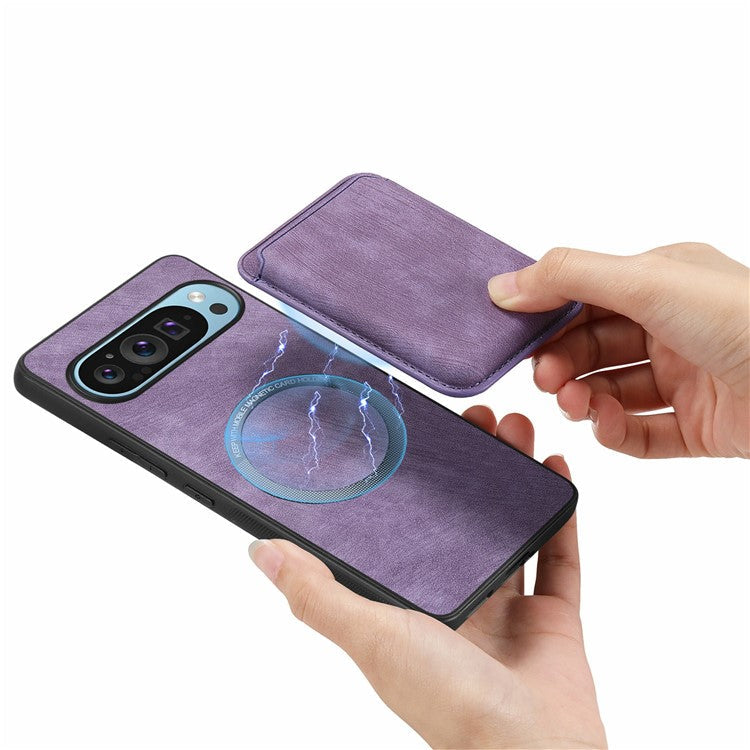 For Google Pixel 9 Pro XL Case Leather+TPU Retro Phone Cover with Detachable Card Slot - Purple