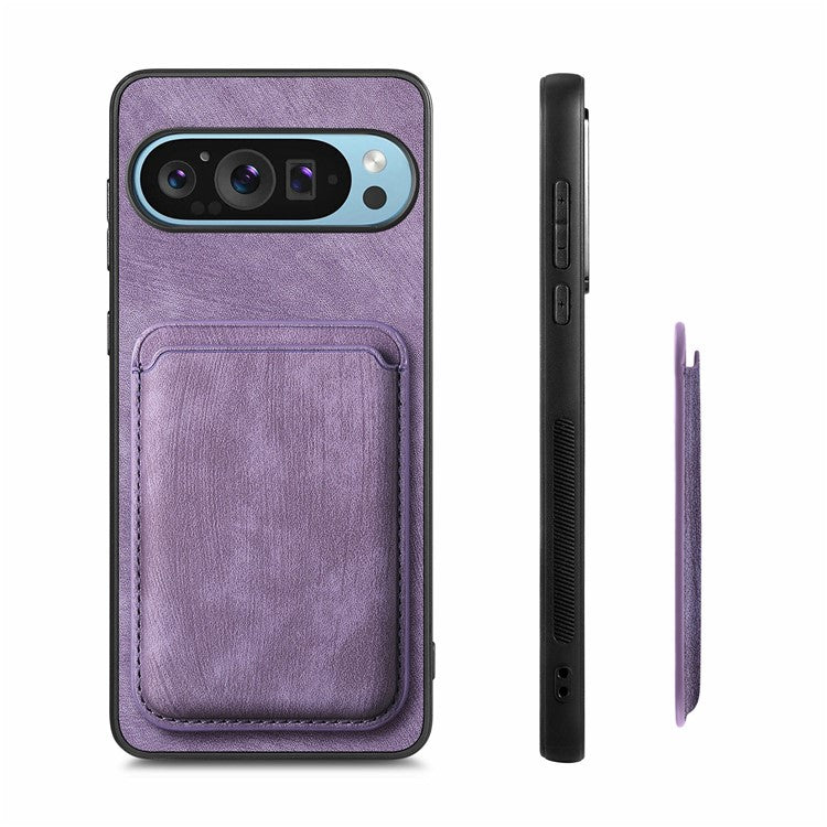 For Google Pixel 9 Pro XL Case Leather+TPU Retro Phone Cover with Detachable Card Slot - Purple