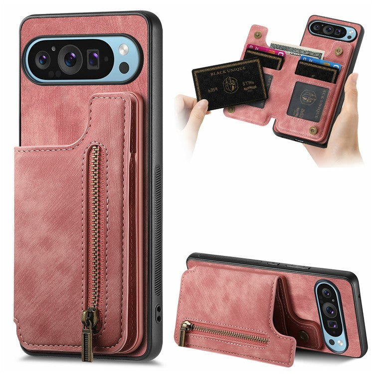 For Google Pixel 9 Pro XL Case with Card Holder Retro Leather+TPU Zipper Phone Cover - Pink