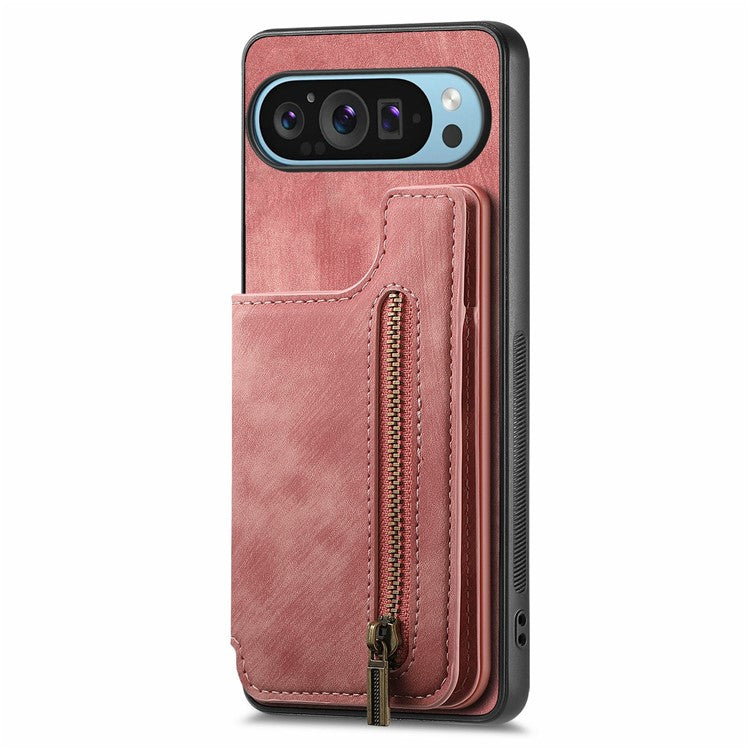 For Google Pixel 9 Pro XL Case with Card Holder Retro Leather+TPU Zipper Phone Cover - Pink