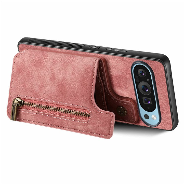 For Google Pixel 9 Pro XL Case with Card Holder Retro Leather+TPU Zipper Phone Cover - Pink