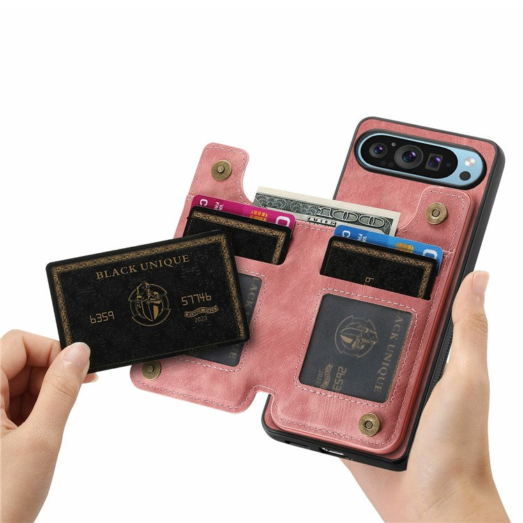 For Google Pixel 9 Pro XL Case with Card Holder Retro Leather+TPU Zipper Phone Cover - Pink