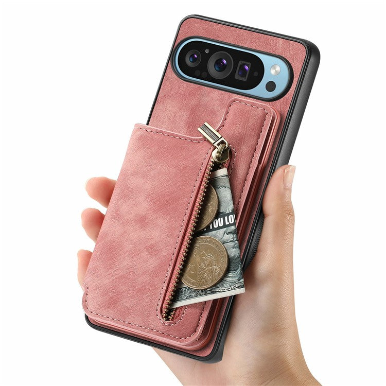 For Google Pixel 9 Pro XL Case with Card Holder Retro Leather+TPU Zipper Phone Cover - Pink
