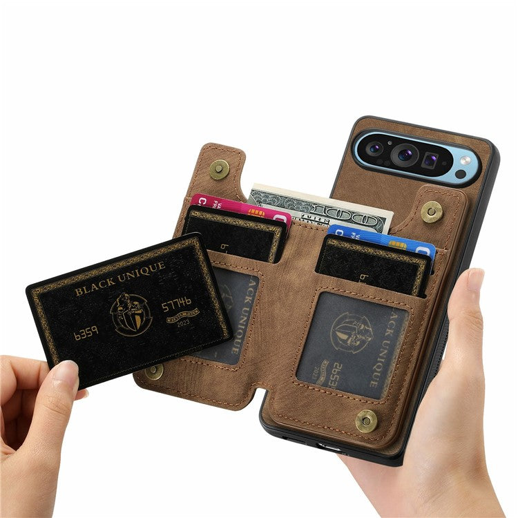 For Google Pixel 9 Pro XL Case with Card Holder Retro Leather+TPU Zipper Phone Cover - Brown