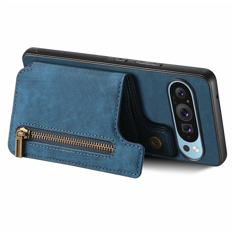 For Google Pixel 9 Pro XL Case with Card Holder Retro Leather+TPU Zipper Phone Cover - Blue