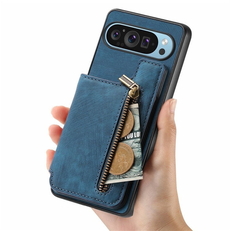 For Google Pixel 9 Pro XL Case with Card Holder Retro Leather+TPU Zipper Phone Cover - Blue