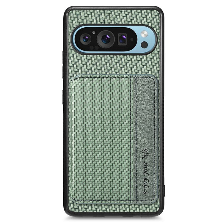 For Google Pixel 9 Pro XL Case RFID Blocking Card Holder Carbon Fiber Leather+PC+TPU Phone Cover - Green
