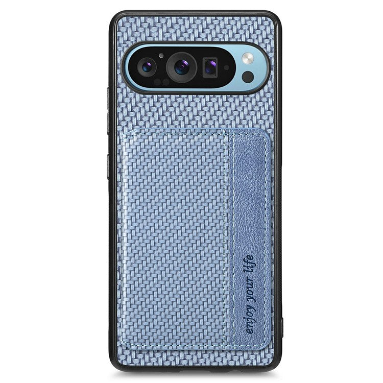 For Google Pixel 9 Pro XL Case RFID Blocking Card Holder Carbon Fiber Leather+PC+TPU Phone Cover - Blue
