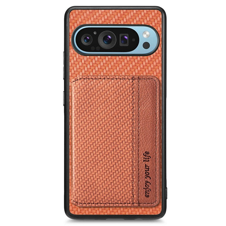 For Google Pixel 9 Pro XL Case RFID Blocking Card Holder Carbon Fiber Leather+PC+TPU Phone Cover - Brown