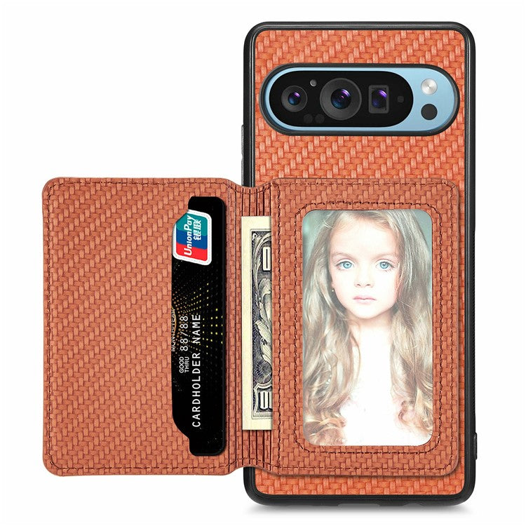 For Google Pixel 9 Pro XL Case RFID Blocking Card Holder Carbon Fiber Leather+PC+TPU Phone Cover - Brown