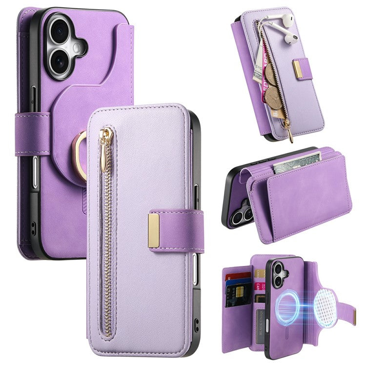 For iPhone 16 Case Detachable Magnetic Leather Wallet Phone Cover RFID Blocking - Purple