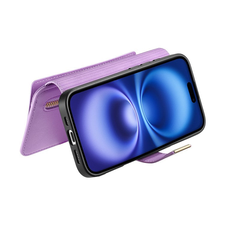 For iPhone 16 Case Detachable Magnetic Leather Wallet Phone Cover RFID Blocking - Purple