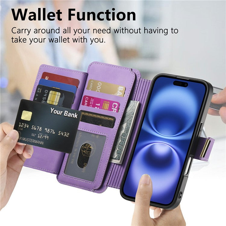 For iPhone 16 Case Detachable Magnetic Leather Wallet Phone Cover RFID Blocking - Purple
