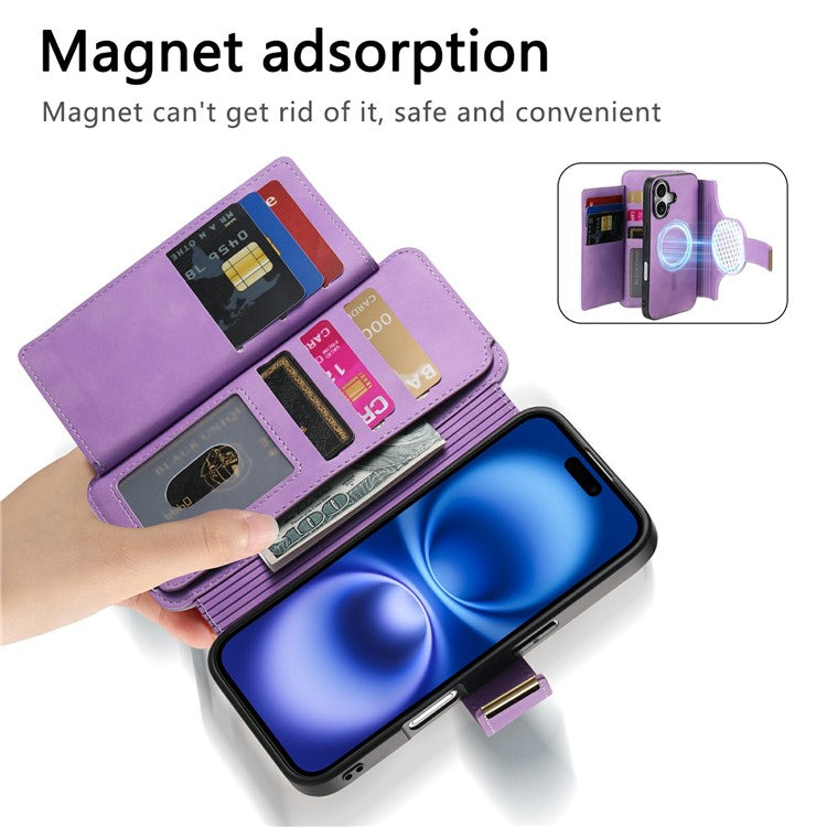 For iPhone 16 Case Detachable Magnetic Leather Wallet Phone Cover RFID Blocking - Purple