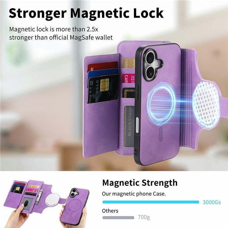 For iPhone 16 Case Detachable Magnetic Leather Wallet Phone Cover RFID Blocking - Purple