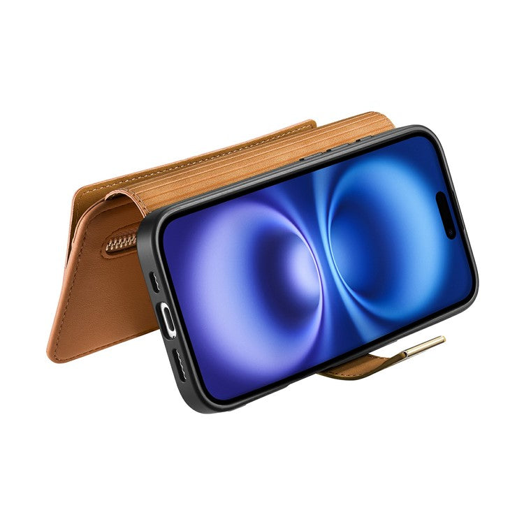 For iPhone 16 Case Detachable Magnetic Leather Wallet Phone Cover RFID Blocking - Brown