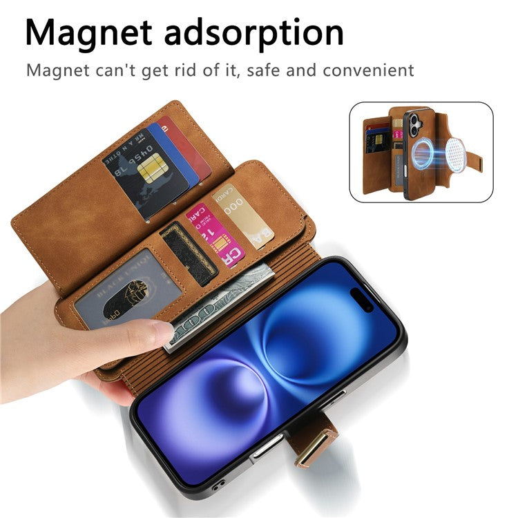 For iPhone 16 Case Detachable Magnetic Leather Wallet Phone Cover RFID Blocking - Brown