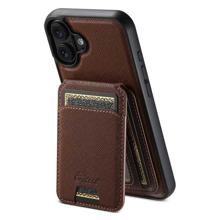 SUTENI H18 For iPhone 16 Magnetic Case Cross Texture Leather+TPU Cover with Detachable Card Bag - Brown