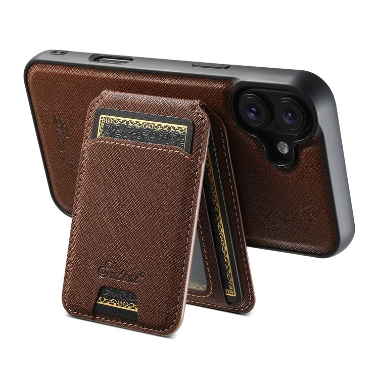 SUTENI H18 For iPhone 16 Magnetic Case Cross Texture Leather+TPU Cover with Detachable Card Bag - Brown