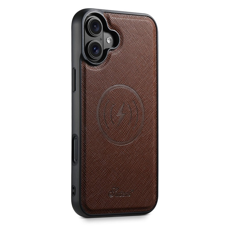 SUTENI H18 For iPhone 16 Magnetic Case Cross Texture Leather+TPU Cover with Detachable Card Bag - Brown
