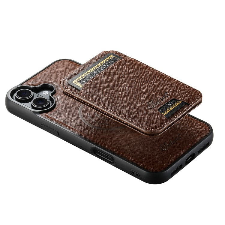 SUTENI H18 For iPhone 16 Magnetic Case Cross Texture Leather+TPU Cover with Detachable Card Bag - Brown