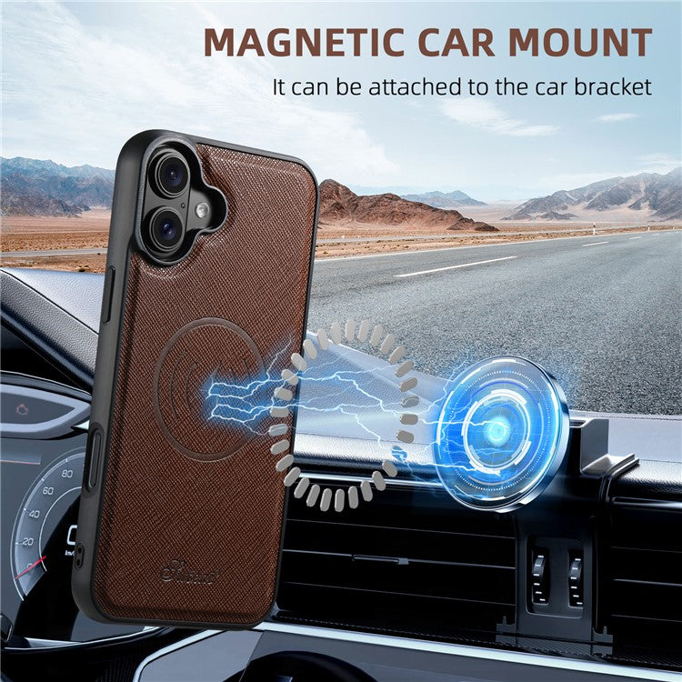 SUTENI H18 For iPhone 16 Magnetic Case Cross Texture Leather+TPU Cover with Detachable Card Bag - Brown
